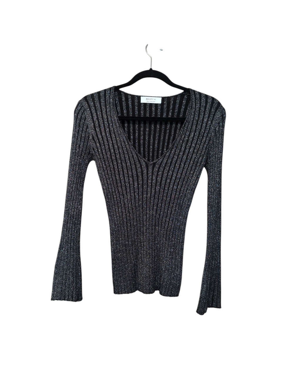 Bailey 44 Size Medium Black Metallic Ribbed V-Neck Sweater Flared Sleeves